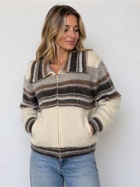 Vintage Alafoss Icelandic Wool Jacket Zip Cardigan Nordic Stripe Cozy